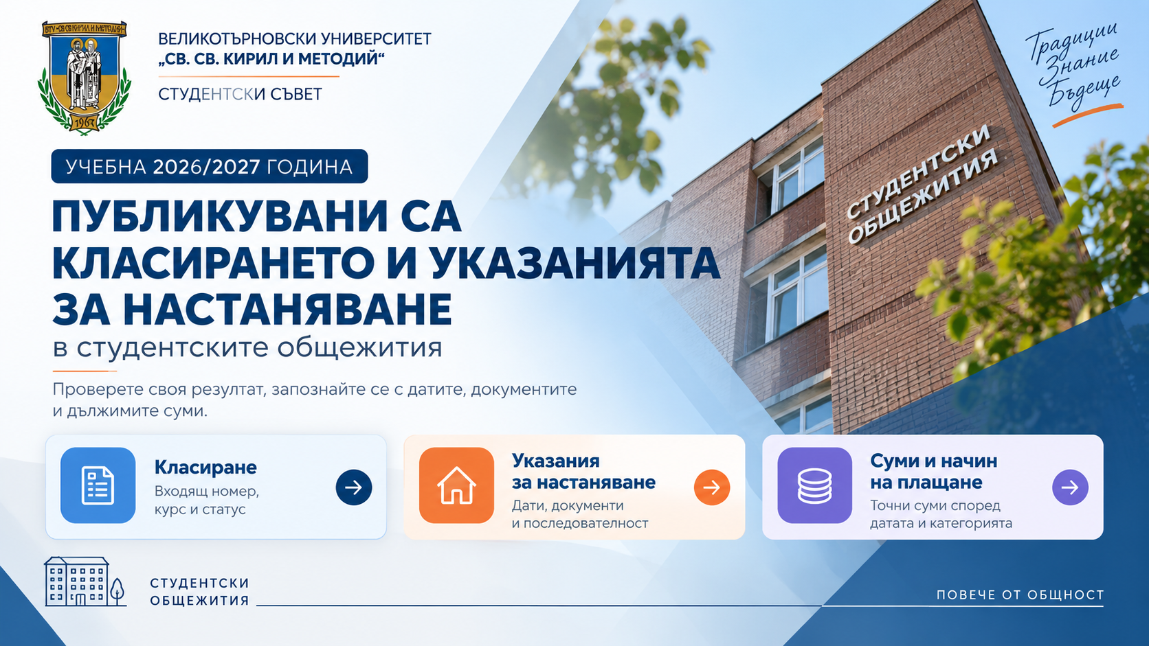 Публикувани са класирането и указанията за настаняване в студентските общежития за 2026/2027 г.